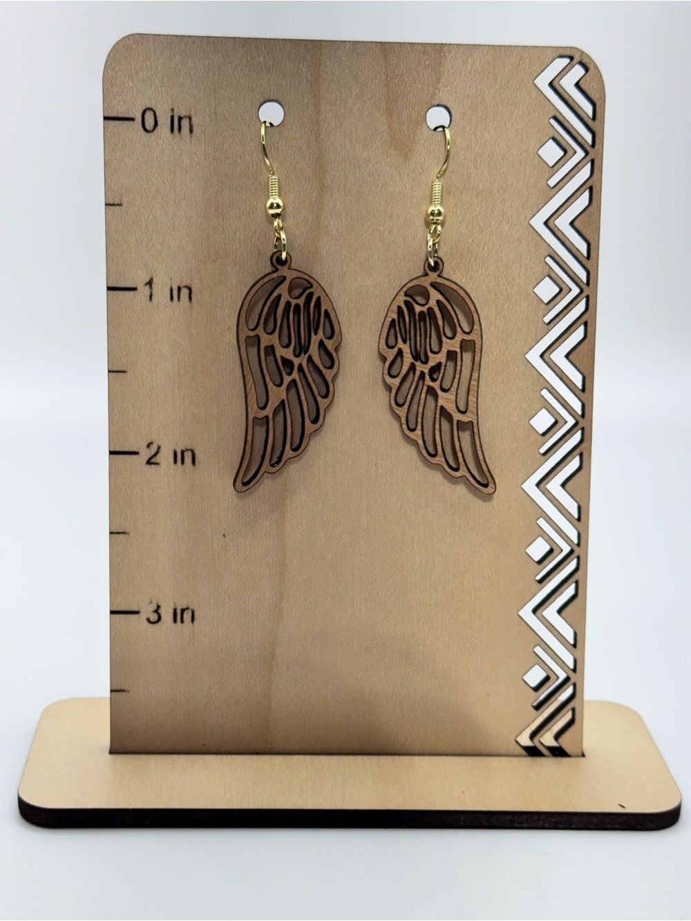 Brown Wooden Angel Wing Drop Earrings with Gold Hooks